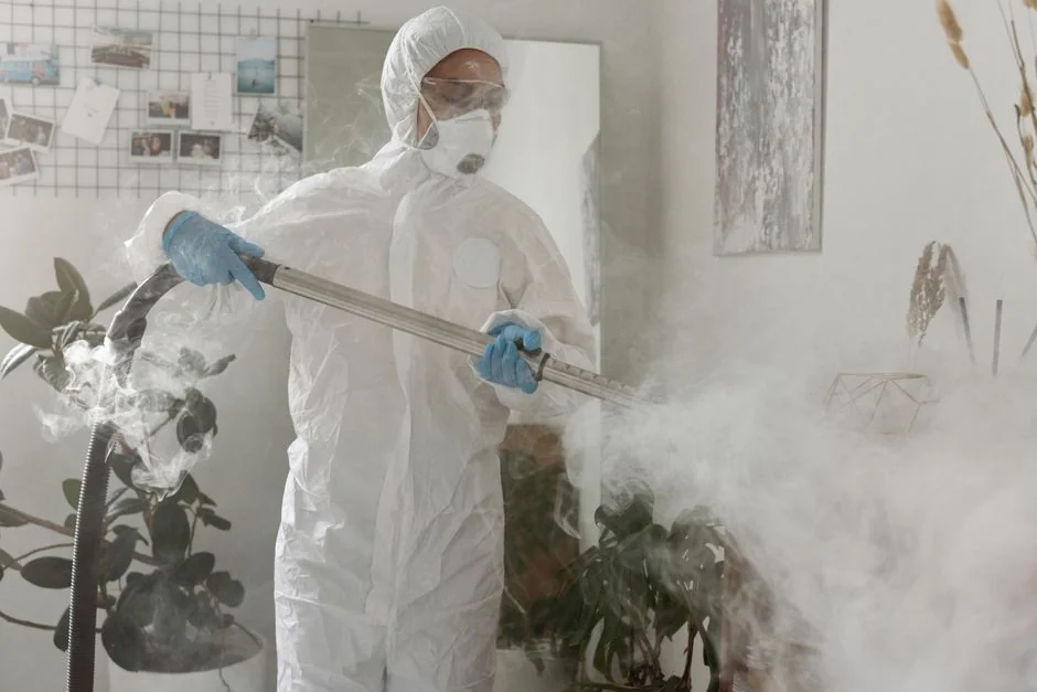 A joyful couple engages in a playful cleaning fight in their living room, showcasing light-hearted domestic life.